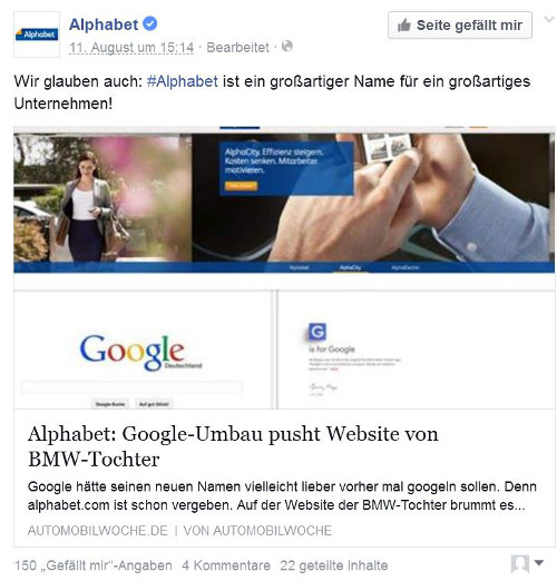  Umstrukturierung bei Google: BMW-Tochter Alphabet meldet sich auf Facebook zur neuen Holding zu Wort