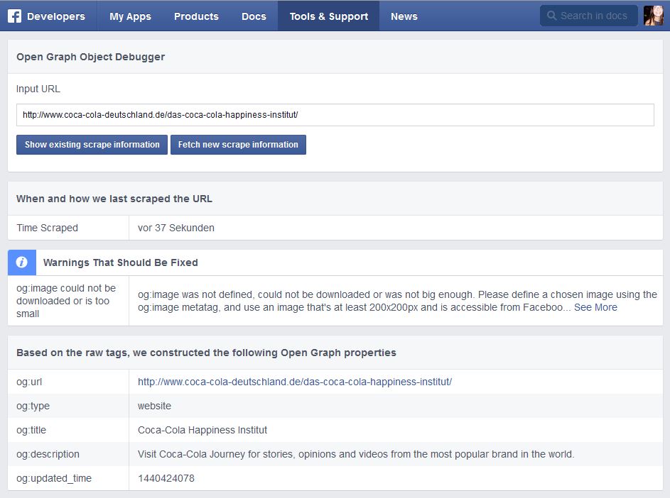 Einblick in den Facebook-Debugger mit Tag-Informationen