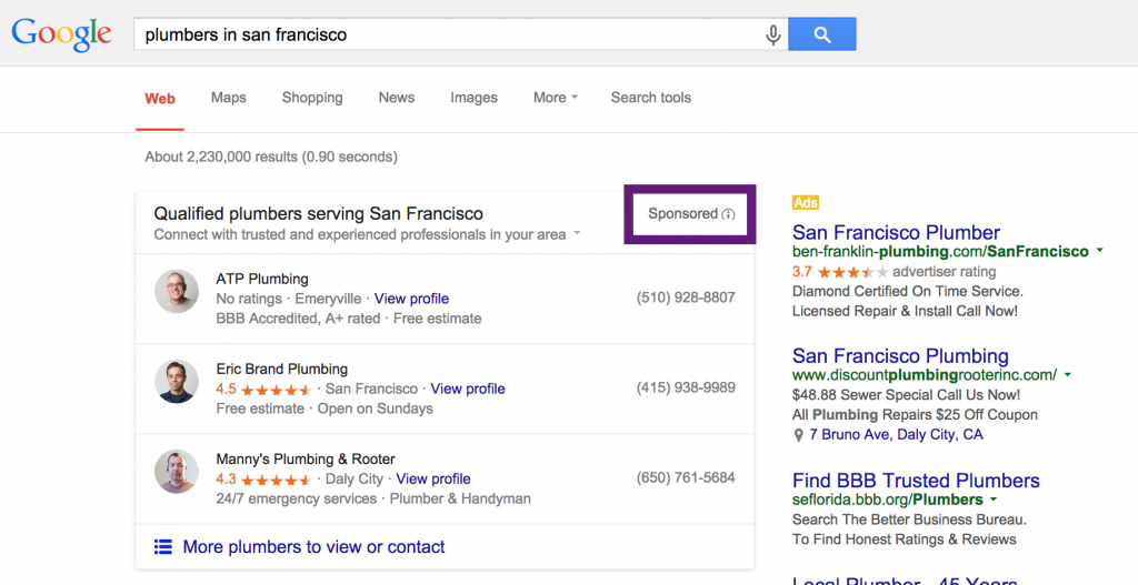 Bezahlte lokale Suchergebnisse für Klempner in San Francisco.