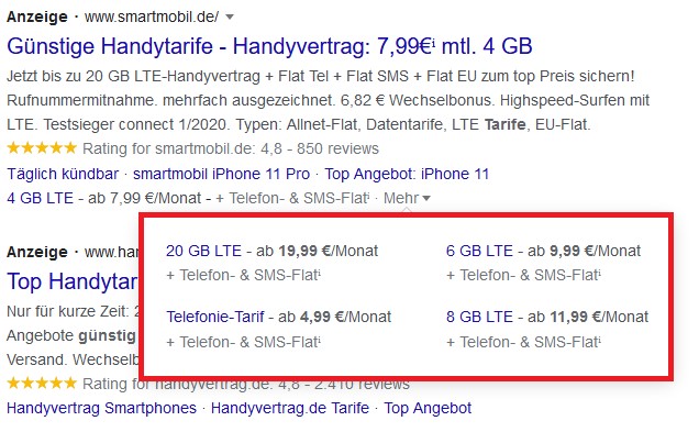 Beispiel Screenshot Google Ads smartmobile.de